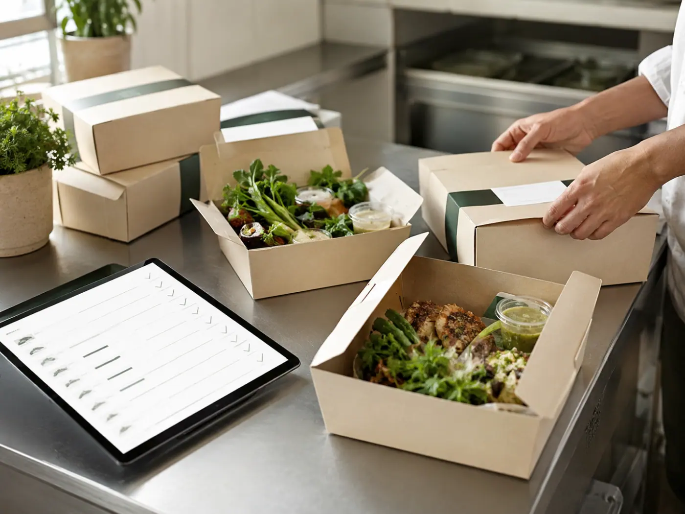 Cateringorder som är klar för leverans i kök med packning och produktionsunderlag